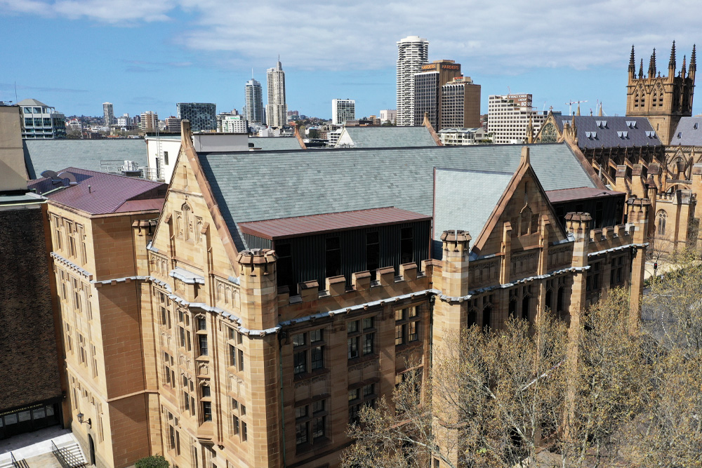 Drone view of Registrar General's Building in Sydney following the installation of a new Vermont slate roof by Slate Roofing Australia